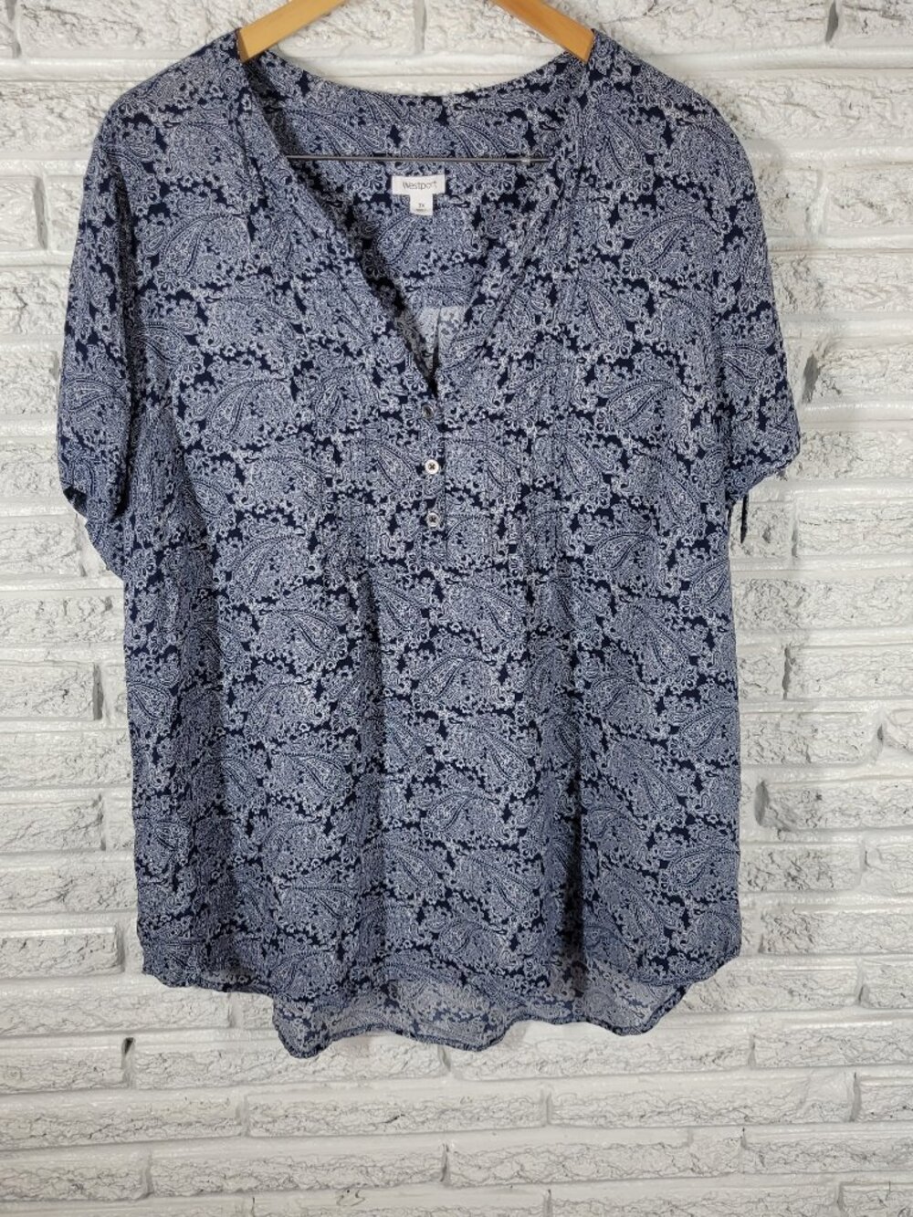 Westport Blue White Paisley Tunic Blouse Women 3X Plus V-Neck Tie Sleeve PAI36E
